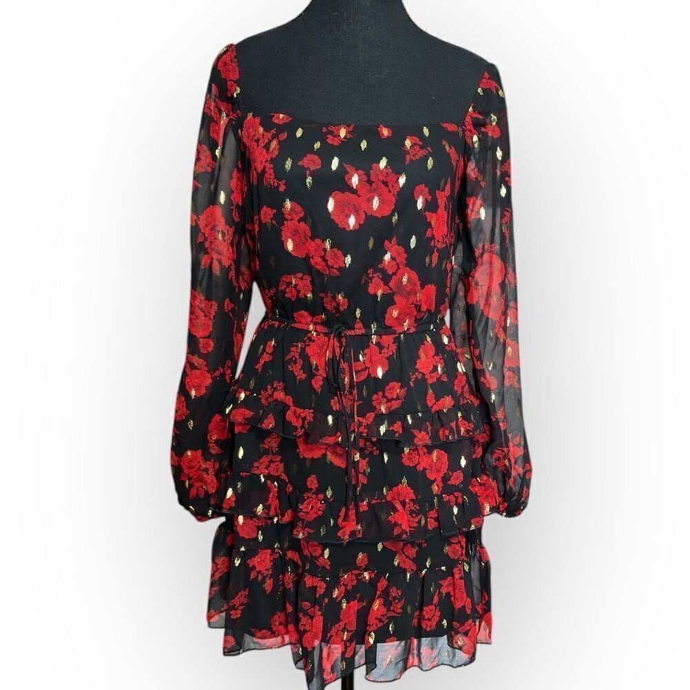 City Studios Womens Ruffled Tiered Mini Dress Black Red Floral Small